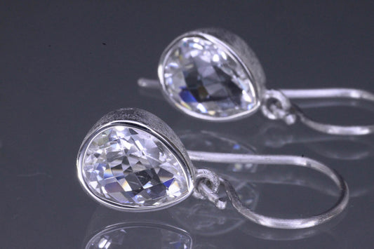 Silver Pear Rock Crystal Drop Earrings, Rhodium