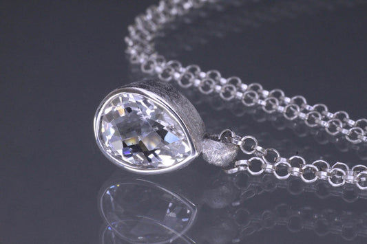 Silver Pear Rock Crystal Pendant, Rhodium