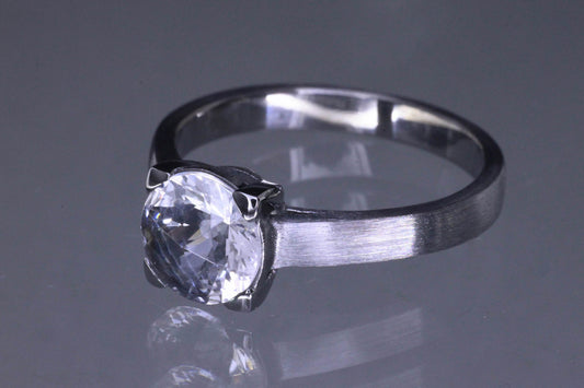 Silver Round Rock Crystal Ring, Black Rhodium