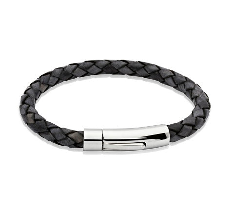 Black Leather Bracelet with Steel Clasp