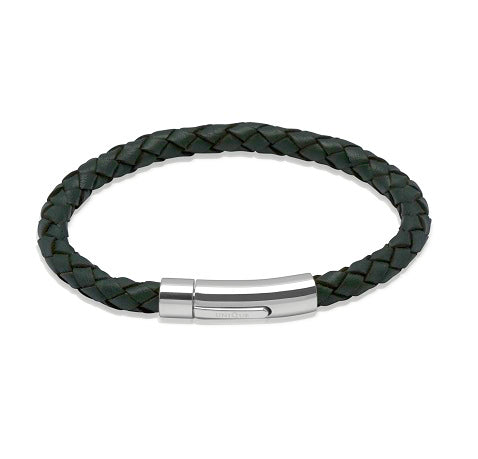 Dark Green Leather Bracelet with Steel Clasp