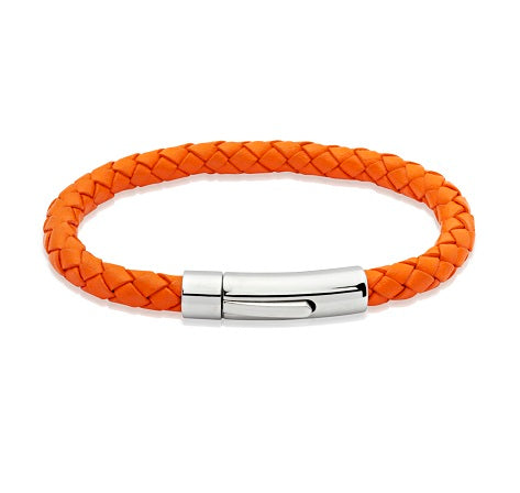 Orange Leather Bracelet with Steel Clasp