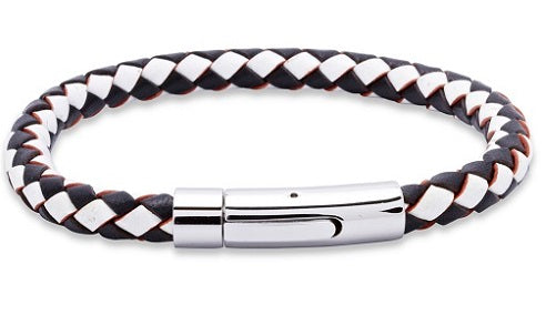 White & Black Leather Bracelet with Steel Clasp