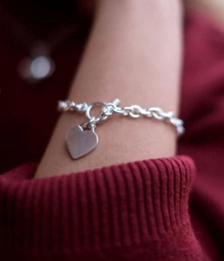 Silver Oval Link Heart Charm Bracelet