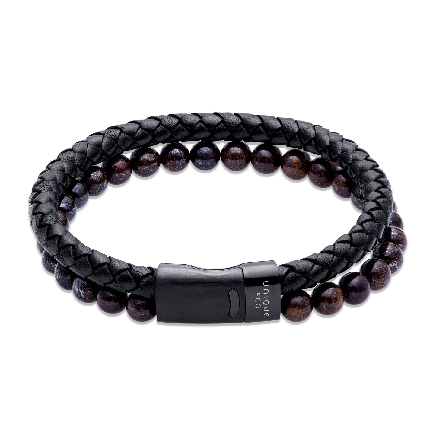 Black Leather and Tigers Eye With Steel Clasp