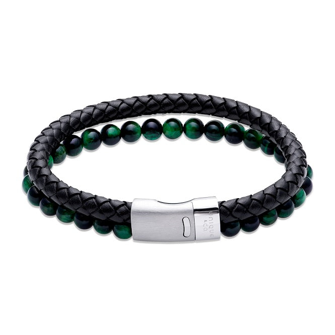 Black Leather and Green Bead Double Bracelet