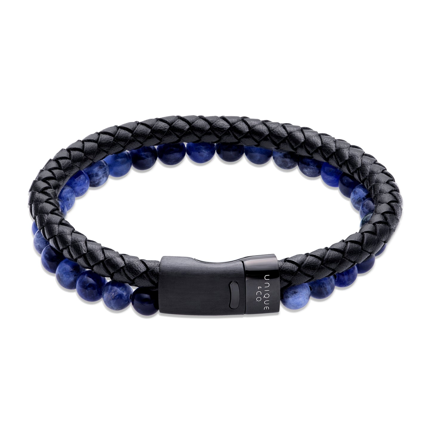 Black Leather and Blue Beads With Steel Clasp