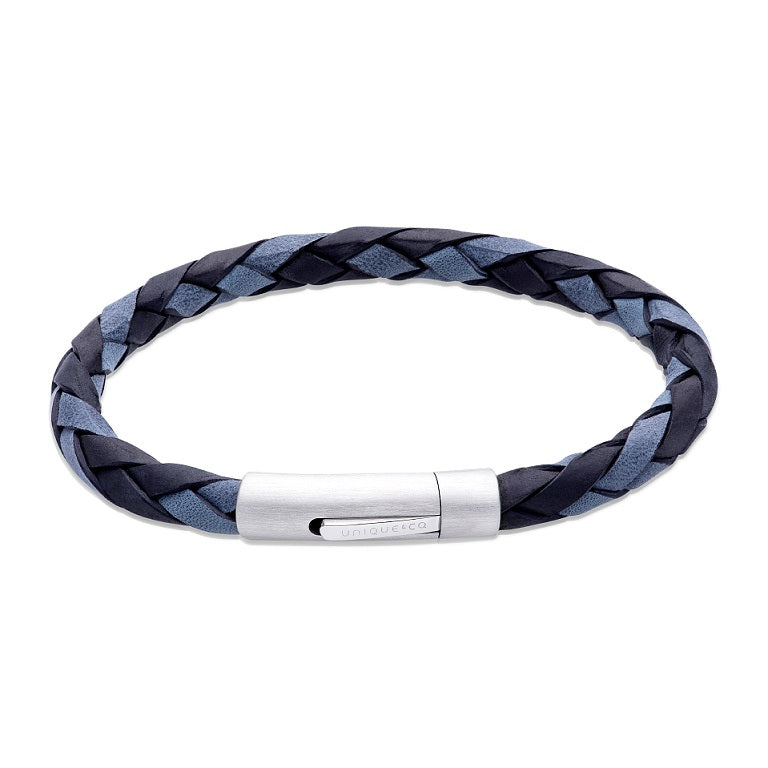 Black/Blue Leather Bracelet with Steel Clasp