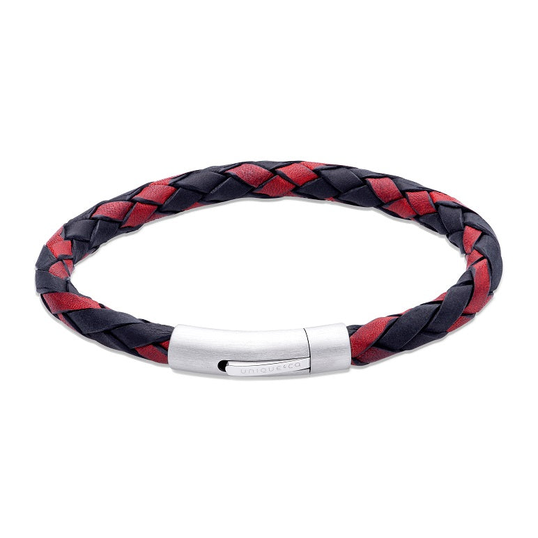 Black/Red Leather Bracelet with Steel Clasp