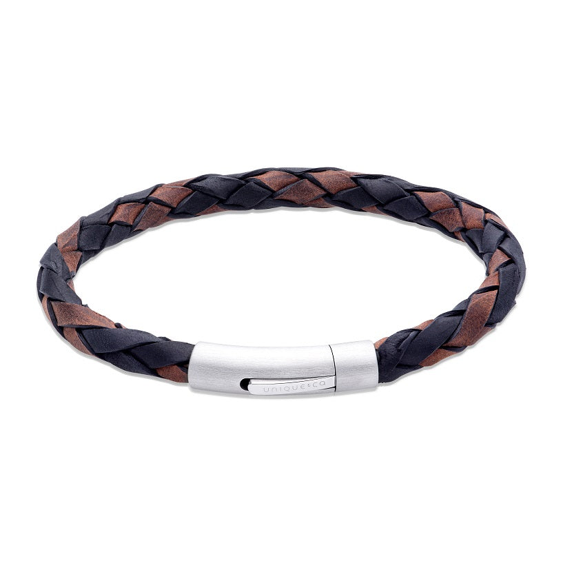 Black/Brown Leather Bracelet with Steel Clasp