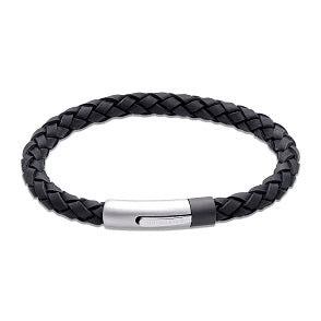 Black Leather Bracelet with Steel Clasp