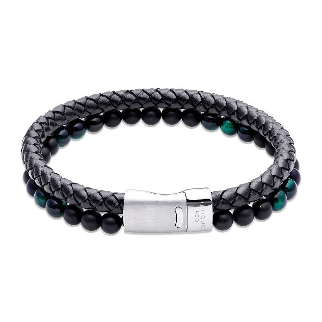 Black Leather and Bead Double Bracelet