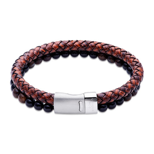 Brown Leather and Bead Double Bracelet