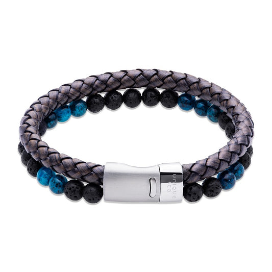 Black Leather and Bead Double Bracelet