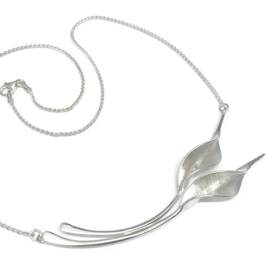 Mavilo Double Wide Twist Leaf Necklace, Silver