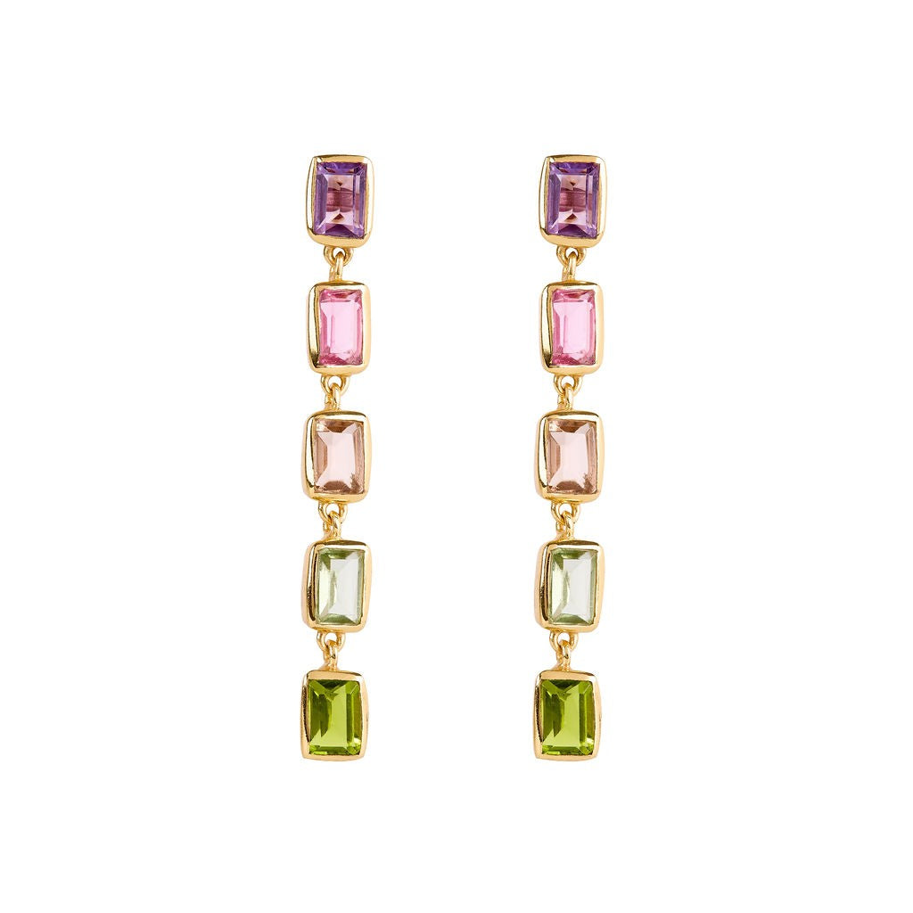 Emerald Cut Gemstone Earrings, Gold Finish