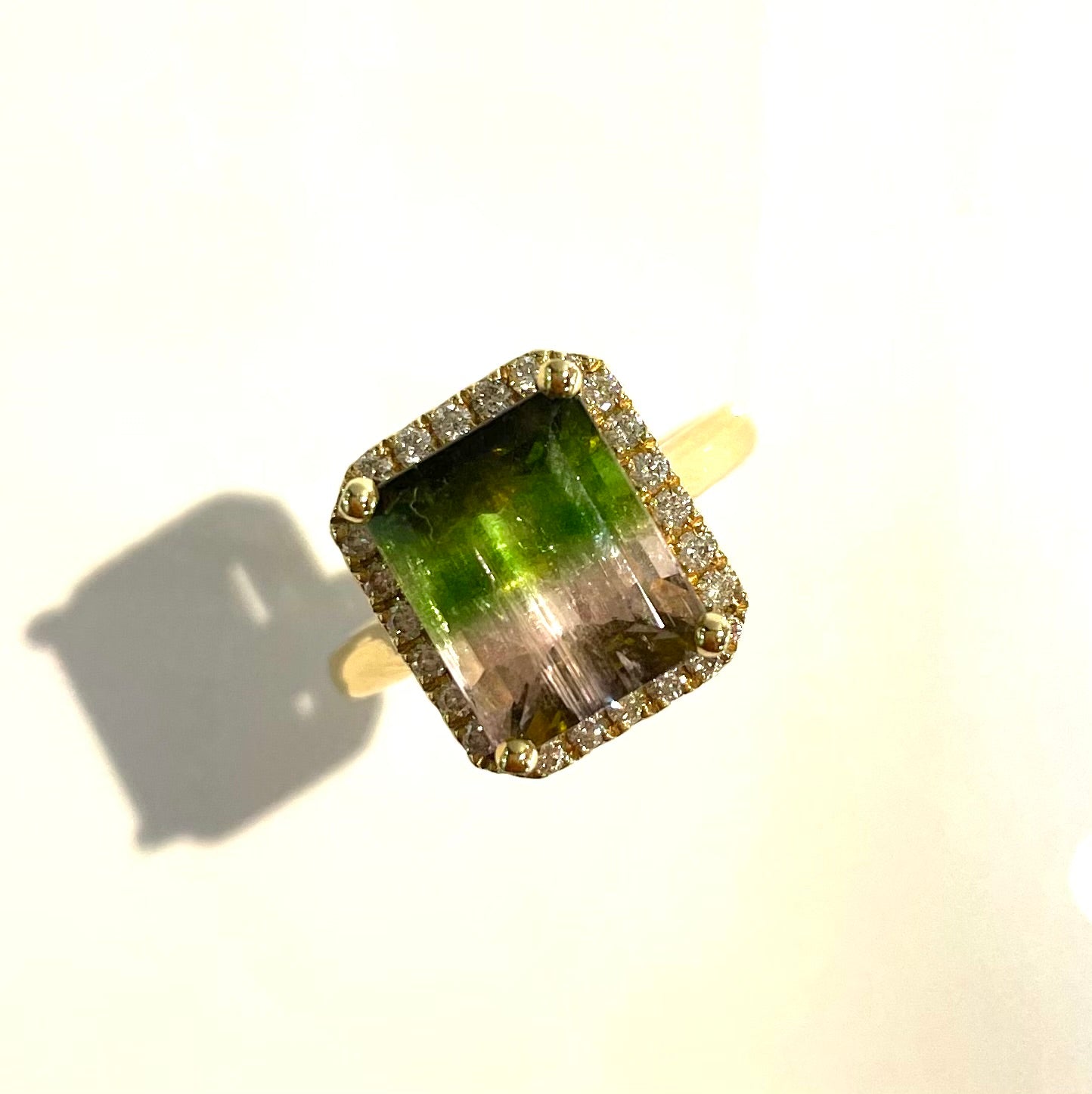 Bi-Colour Tourmaline and Diamond Halo Ring