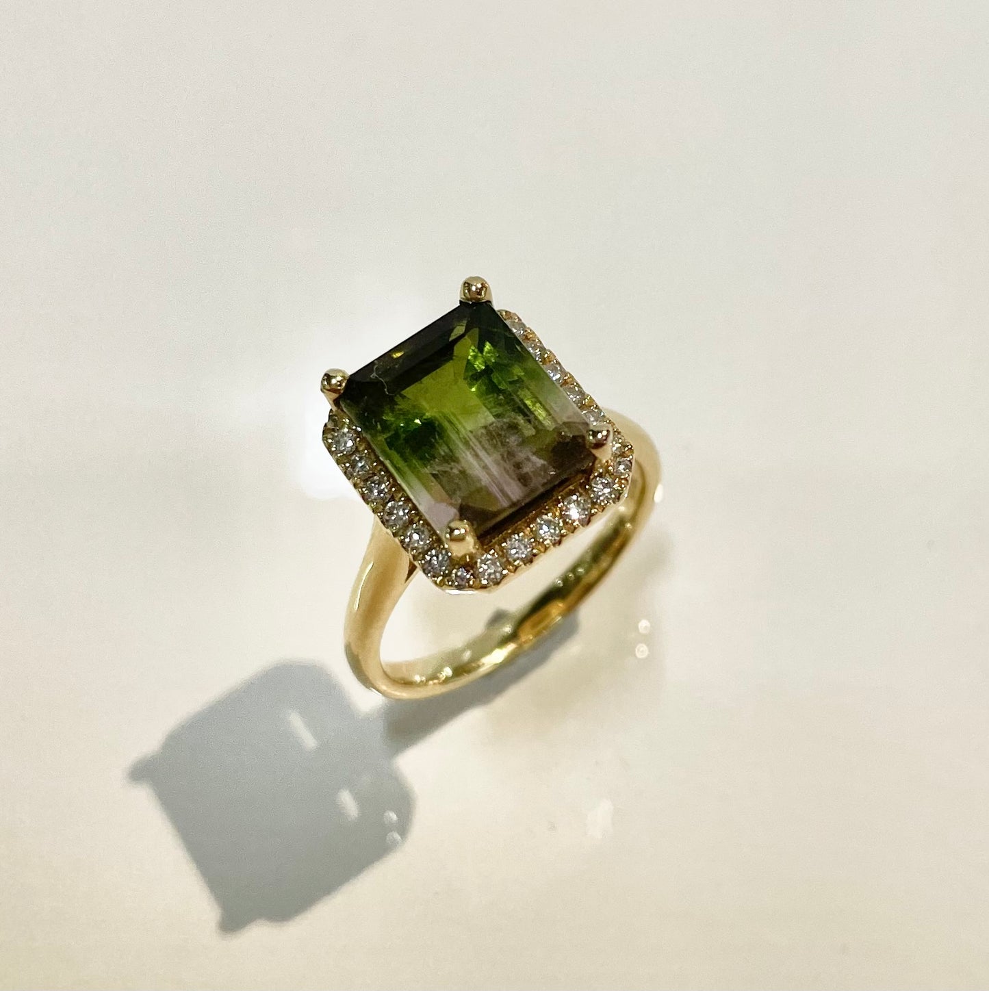 Bi-Colour Tourmaline and Diamond Halo Ring