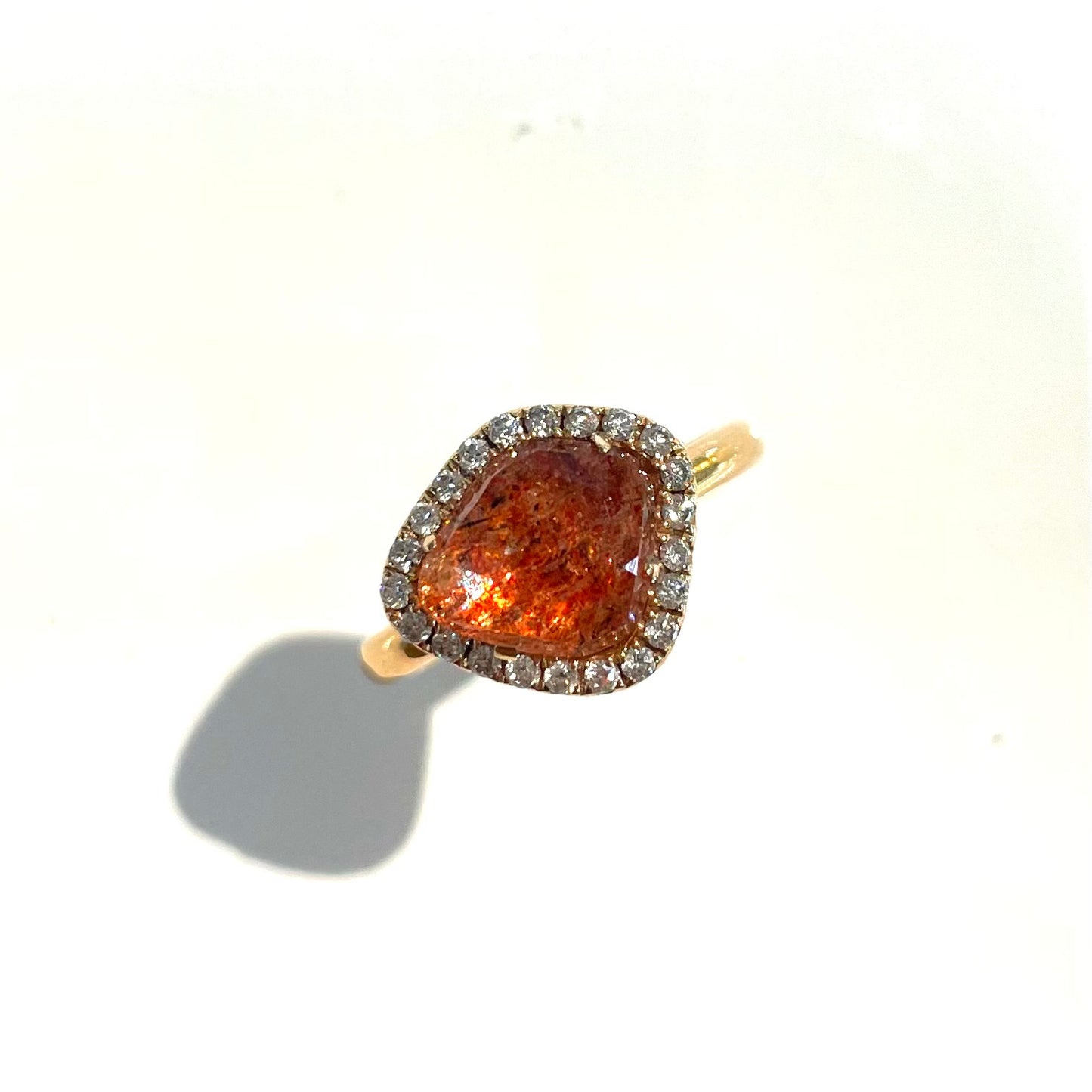Sunstone and Diamond Halo Ring