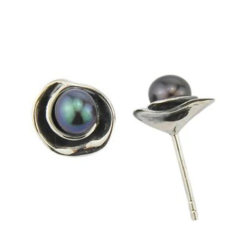 Black Pearl Organic Studs, Silver