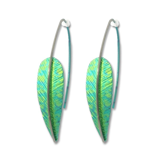 Titanium Feather Drop Earrings - Green