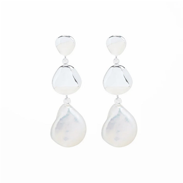 Pebble Pearl Drop Earrings, Silver