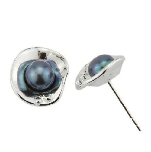Black Pearl Bloom Studs, Silver