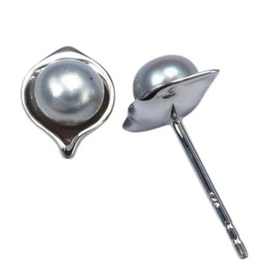 Grey Pearl Leaf Studs, Silver