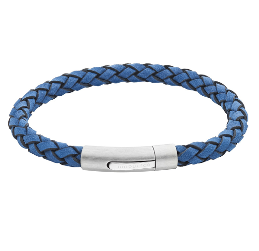 Blue Leather Bracelet with Steel Clasp