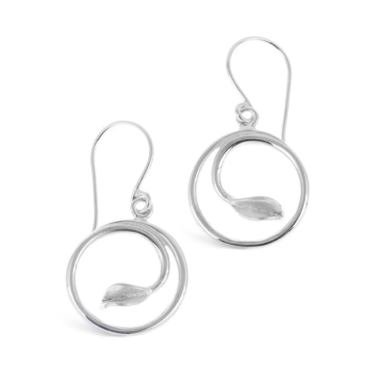 Mavilo Round Tiny Leaf Drop Earrings, Silver