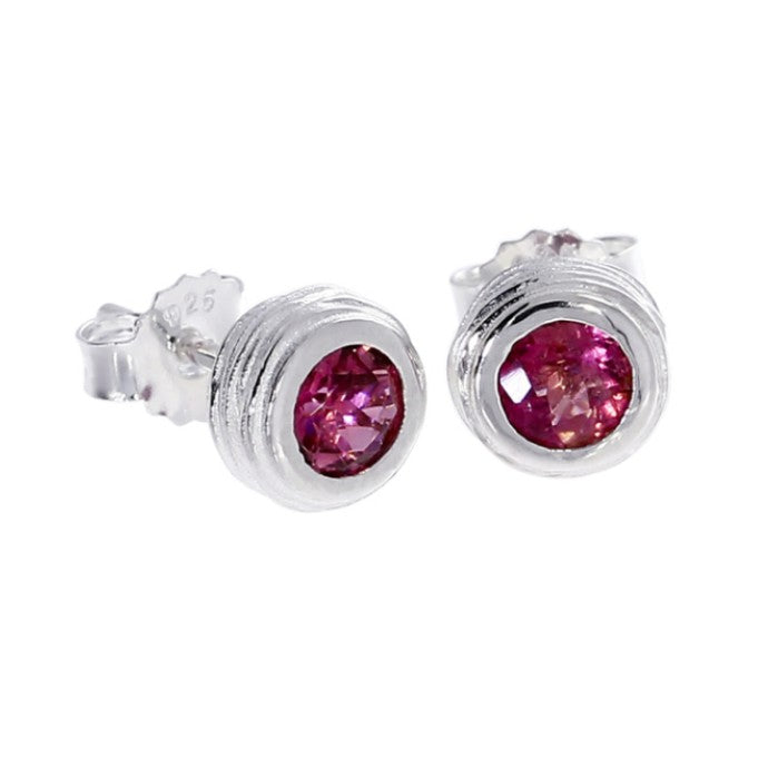 Crease Silver Stud Earrings, Pink Tourmaline