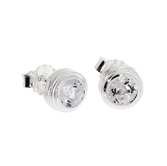 Crease Silver Stud Earrings, White Topaz