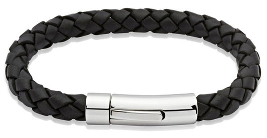 Black Leather Bracelet with Steel Clasp