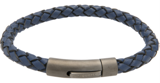 Blue Leather Bracelet with Gunmetal Steel Clasp