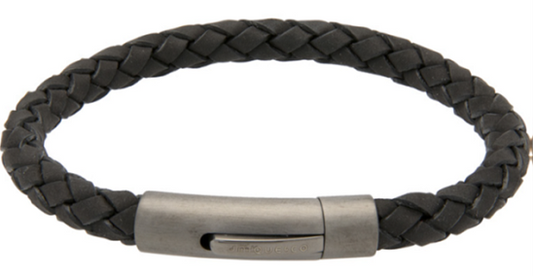 Black Leather Bracelet with Gunmetal Steel Clasp