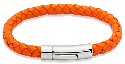 Orange Leather Bracelet with Steel Clasp