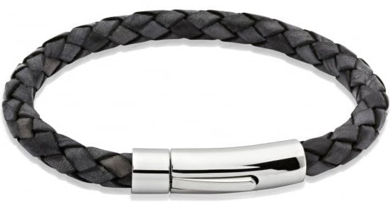 Antique Black Leather Bracelet with Steel Clasp