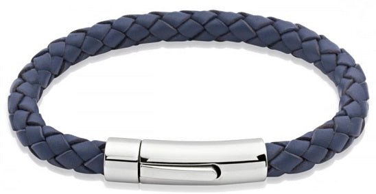 Blue Leather Bracelet with Steel Clasp