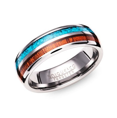 Tungsten Wood and Turquoise Inlay Ring