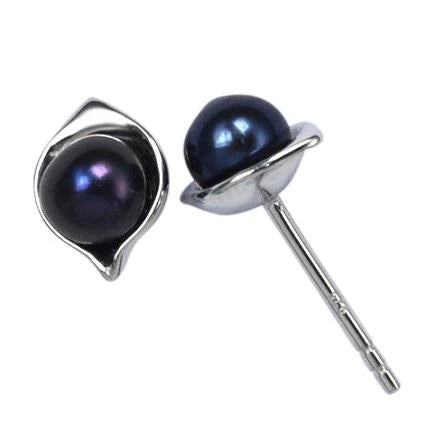 Black Pearl Leaf Studs, Silver