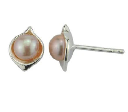Pink Pearl Leaf Studs, Silver