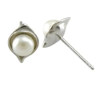 White Pearl Leaf Studs, Silver