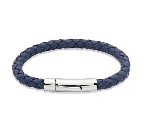 Blue Leather Bracelet with Steel Clasp