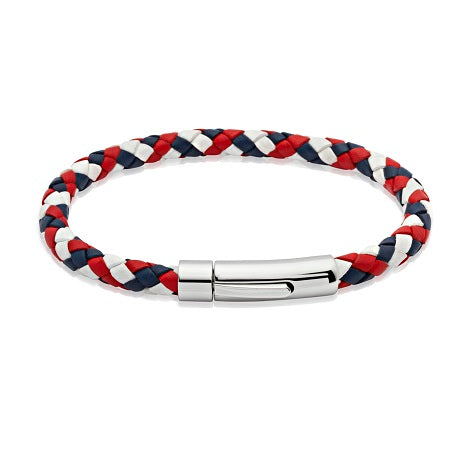 Red, White & Blue Leather Bracelet with Steel Clasp