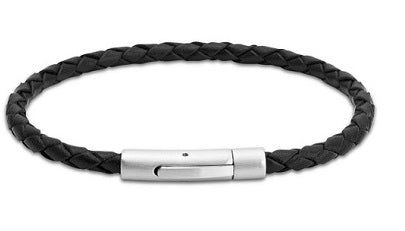Black Leather Bracelet with Steel Clasp