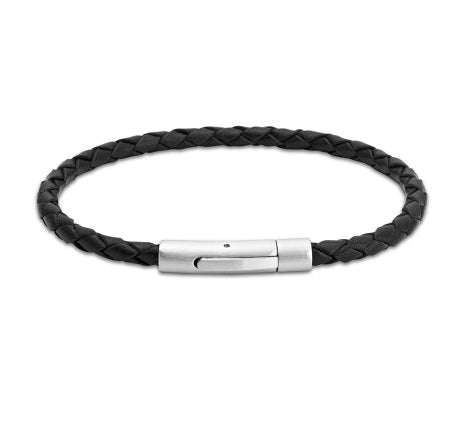Black Leather Bracelet with Steel Clasp