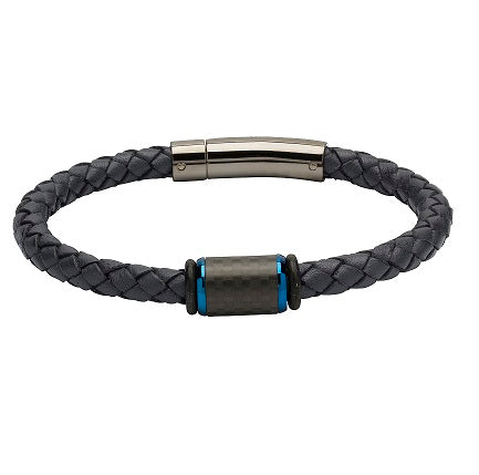Navy Leather Bracelet with Carbon Fibre Elements