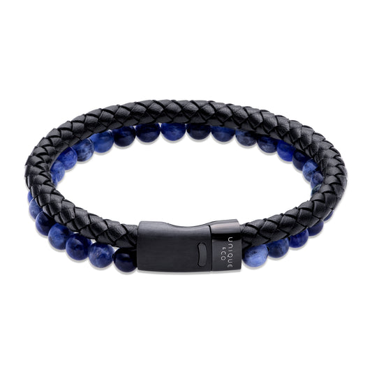 Black Leather and Blue Beads With Steel Clasp
