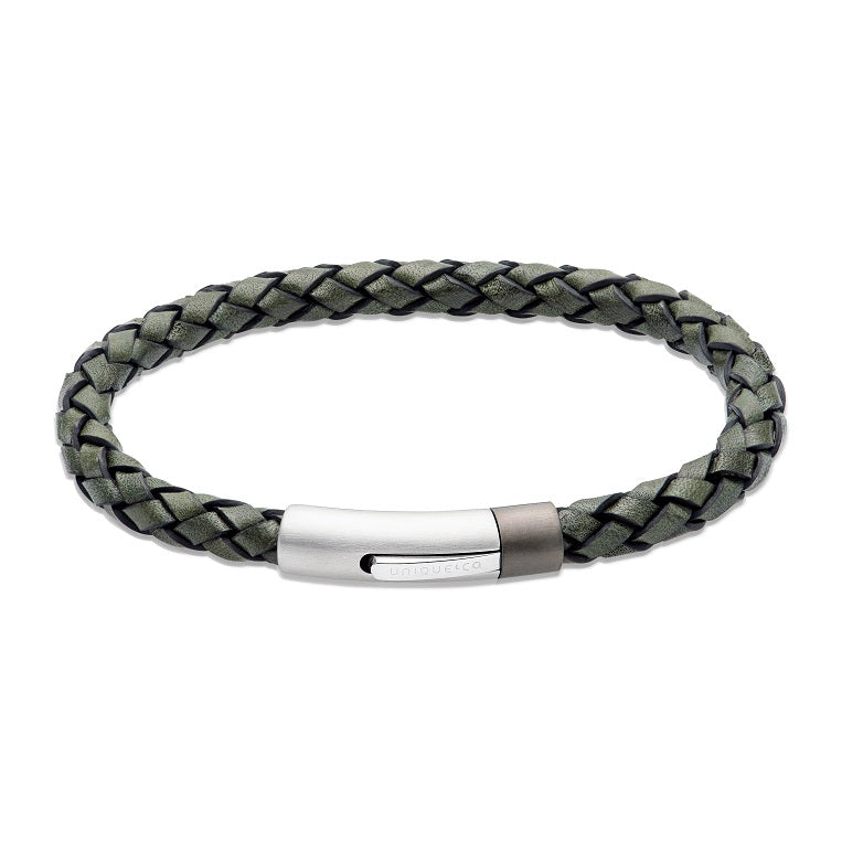 Dark Green Leather Bracelet with Steel Clasp