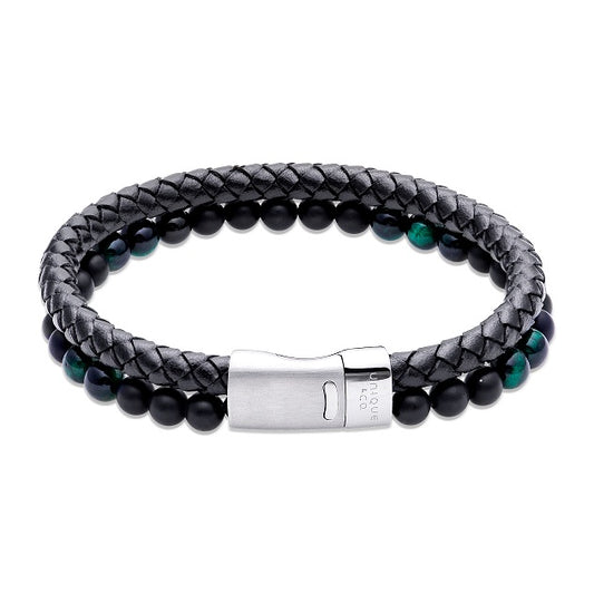 Black Leather and Bead Double Bracelet